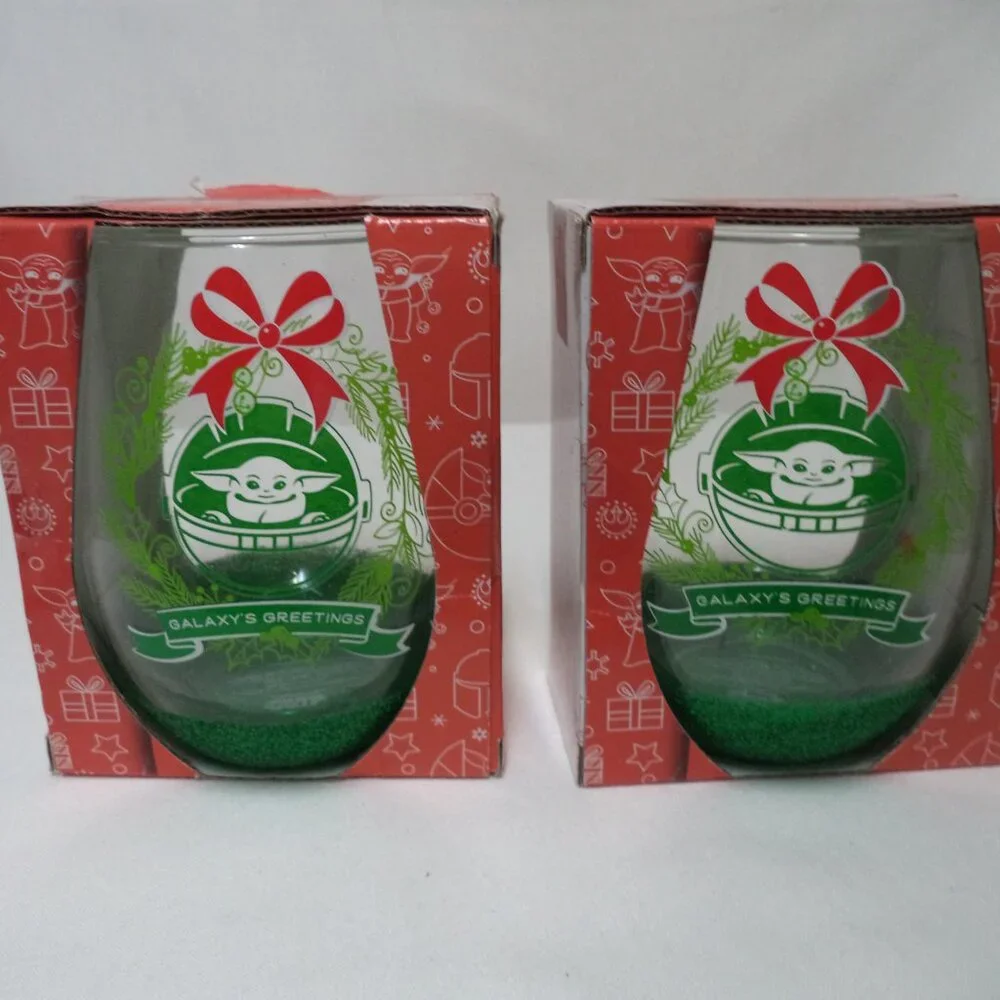 Star Wars Mandalorian Grogu Baby Christmas Yoda Wine Glass Set 2 glitter NEW NWT